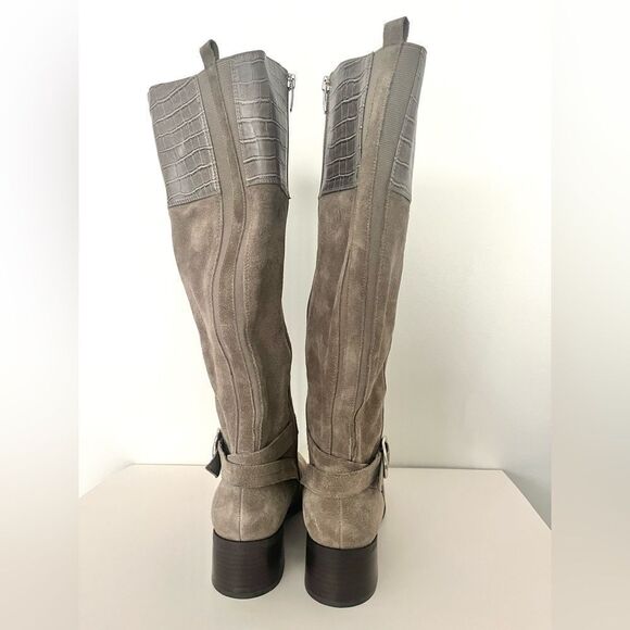 Marc Fisher Wide Calf Croc Embossed Knee High Side Zip Suede Boots Taupe 9, NWOB - Picture 9 of 12